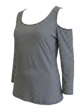 Michael Kors Black & White Striped Cold-Shoulder Long Sleeve Top